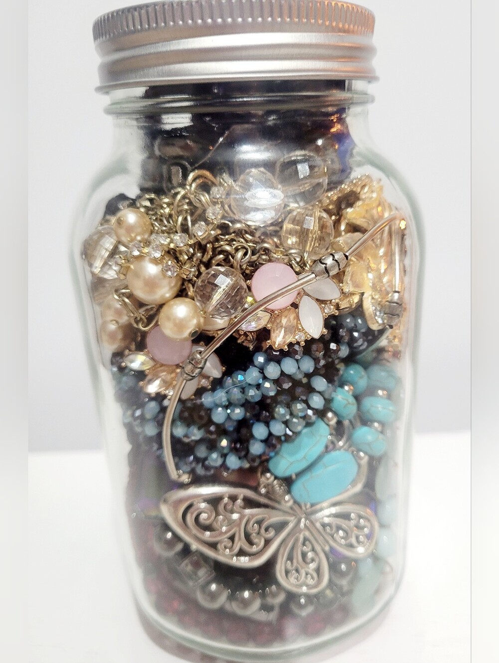 Jewelry Jar 7” Mixed Costume Jewelry Necklaces Bracelets Beads Vintage Modern